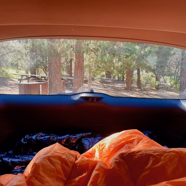 View of a campsite from the rear windshield of a vehicle, with sleeping bags inside the car in the foreground.