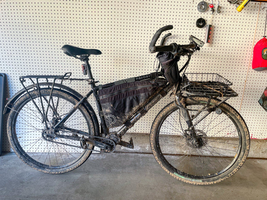 The aftermath - bike covered in mud from the previous day's adventure