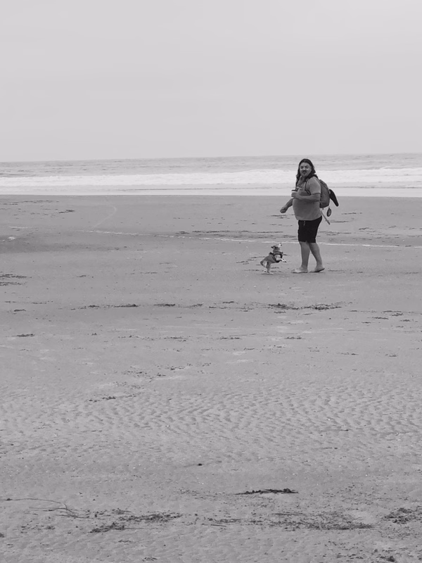 Black and white photo of a man and small dog walking along a beach